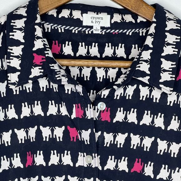 Crown & Ivy Puppy Dog Novelty Print Cotton Long Sleeve Button Up Shirt Large - Picture 2 of 9